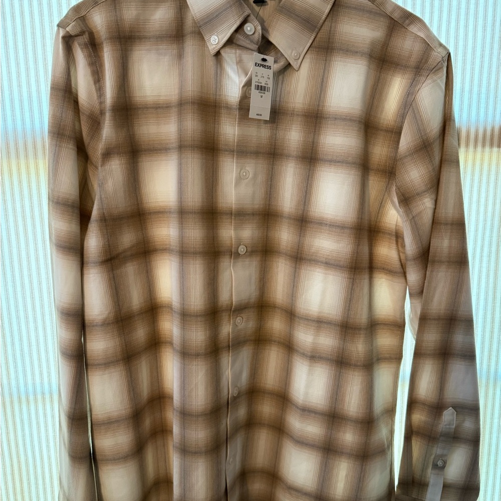 Express Men's Beige Plaid Button Down Shirt